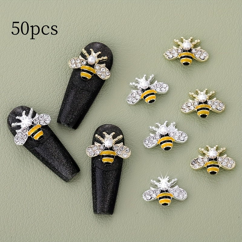 Image of 50pcs 3d Bee Nail Art Charms - Golden And Silvery Alloy Bees With Rhinestones, Suitable For Diy Nail Designs, Cute Kawaii Nail Jewelry Accessories, Odorless, Women's And S' Nail Art Supplies