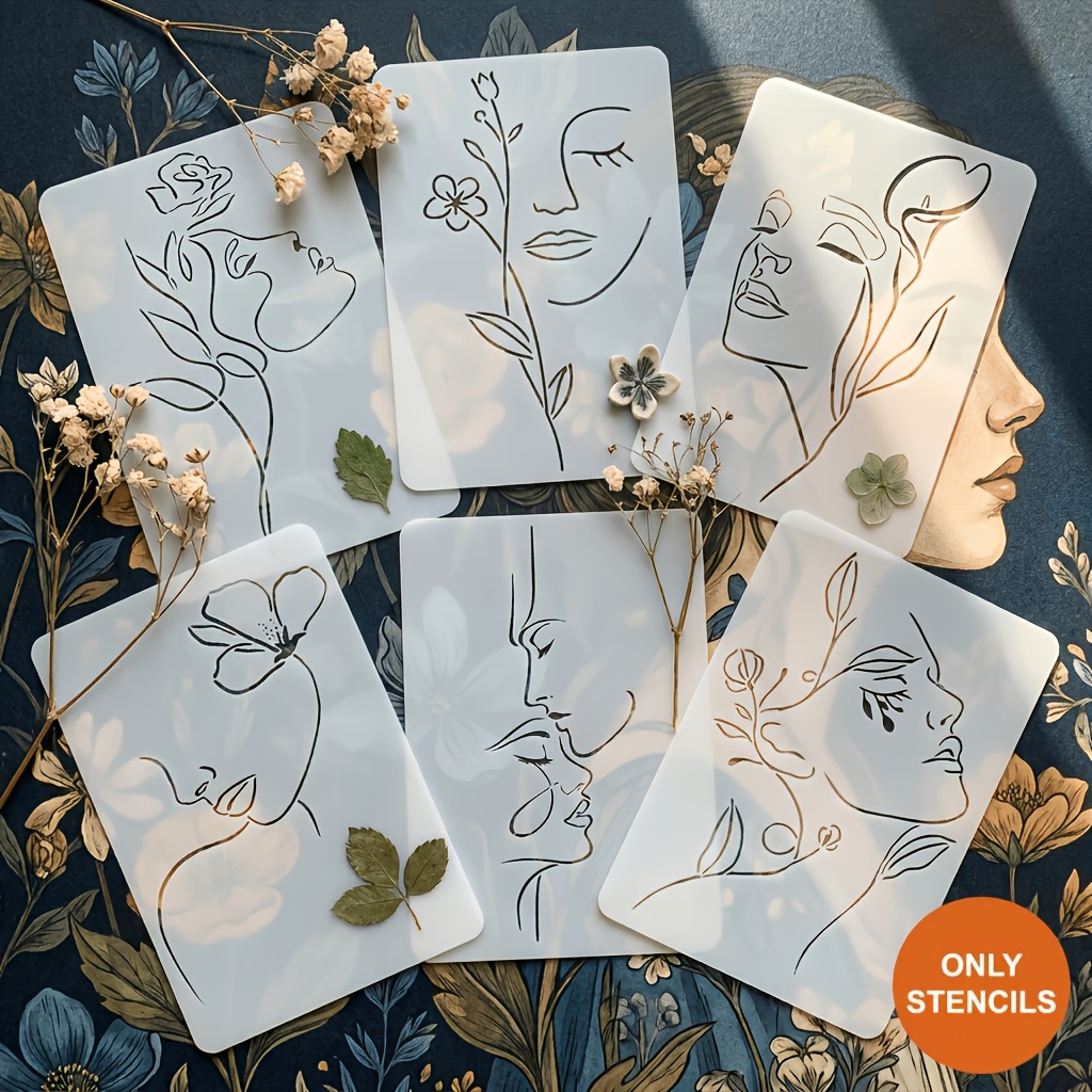 TEMU 6pcs Of Minimalist 1 Stroke Female Floral Line Decoration Combination Templates, Nordic Abstract Continuous Line Female Portrait Floral Sketch
