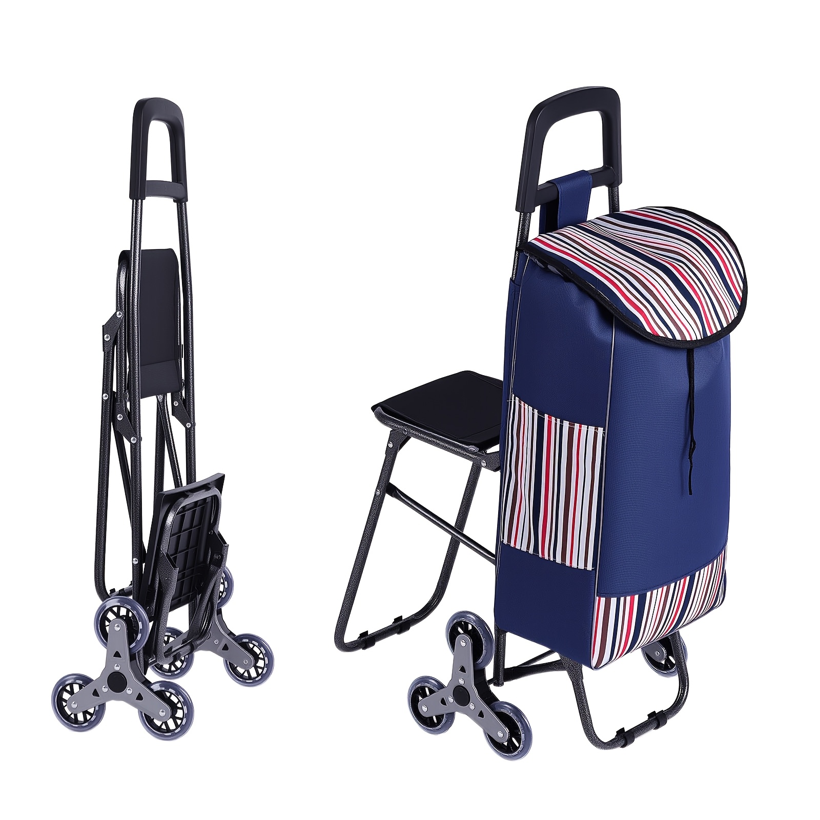 Image of Large Volume Shopping Cart With Seat, Folding Trolley With Stair-climbing & Heavy-duty Load Capacity, Built-in Seat For Rest, Foldable Multi-functional Utility Cart For Shopping, Travel, Laundry