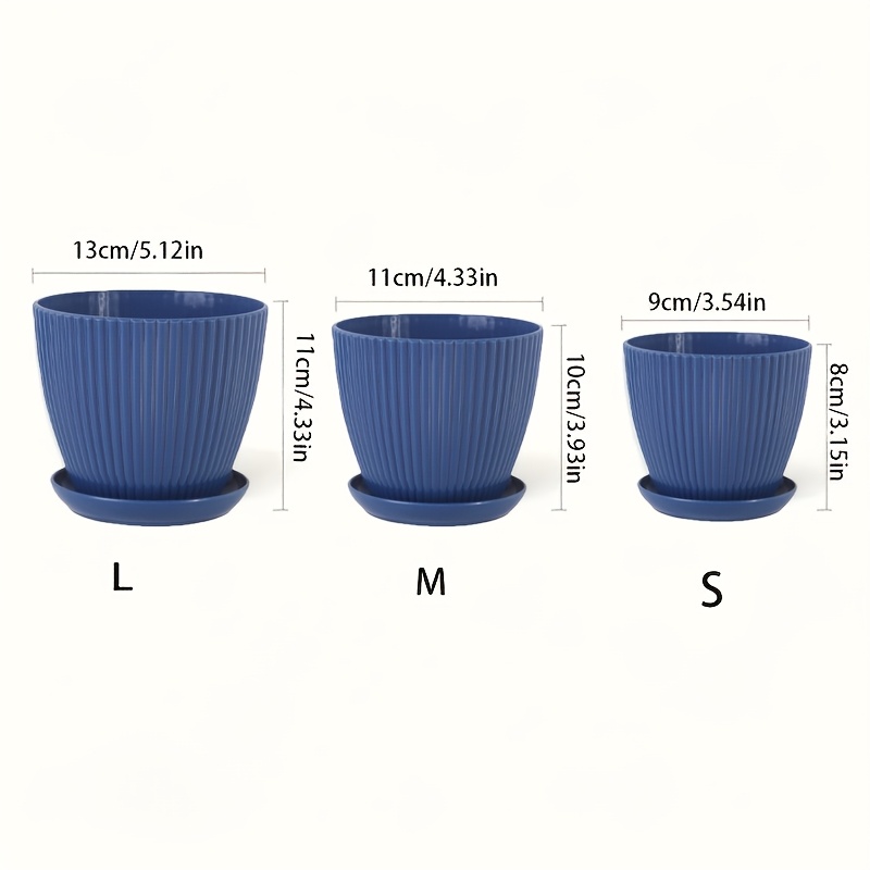 3pcs Modern Vertical Striped Plastic Planter, Indoor/outdoor Round Planter, Weather Resistant With Drainage Holes And Tray For Multi-component Tabletop Garden Containers Gardening Gift,home Decor