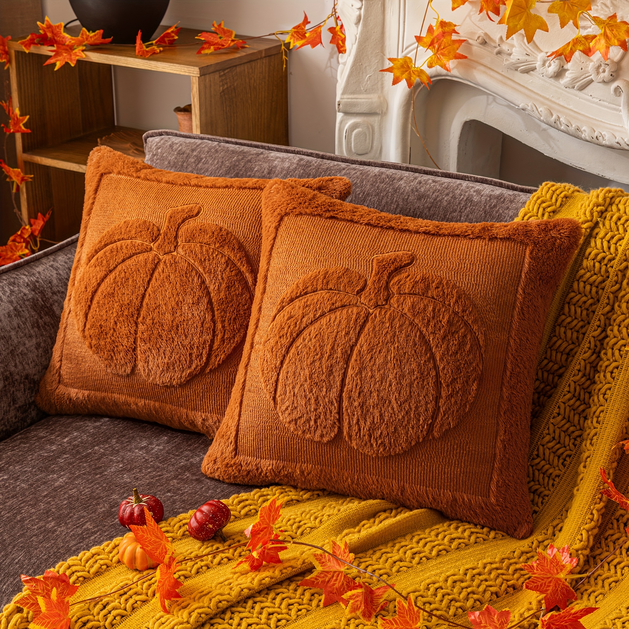 TEMU Ensemble de 2 housses de coussin d'automne 18X18 pouces avec broderie de citrouille, housses de coussin de canapé en peluche courte double face,