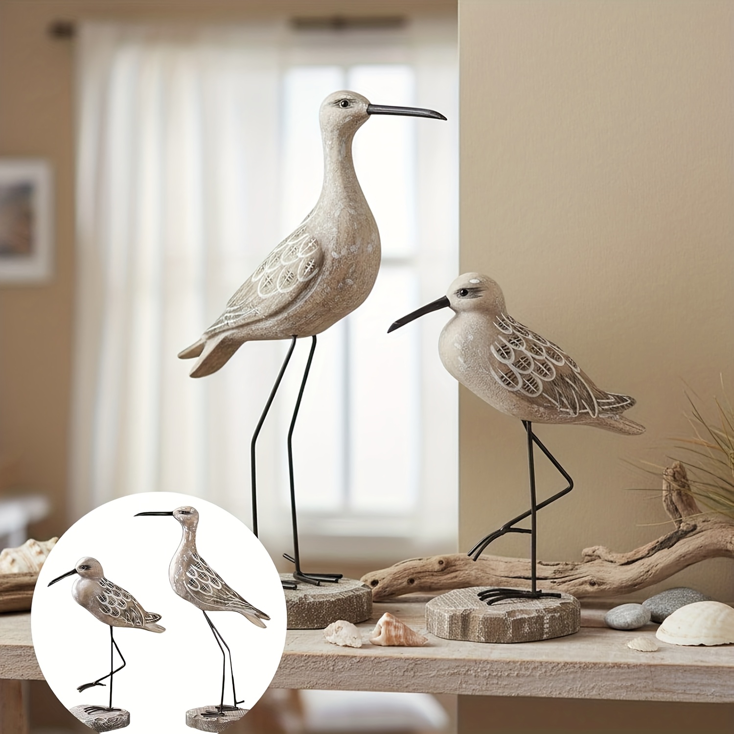 TEMU 2pcs Wooden Seagull Figurine - Vintage Nautical Coastal Bird Statue, Ocean Theme Home Decor With Metal Legs, Mediterranean Beach Ornament For