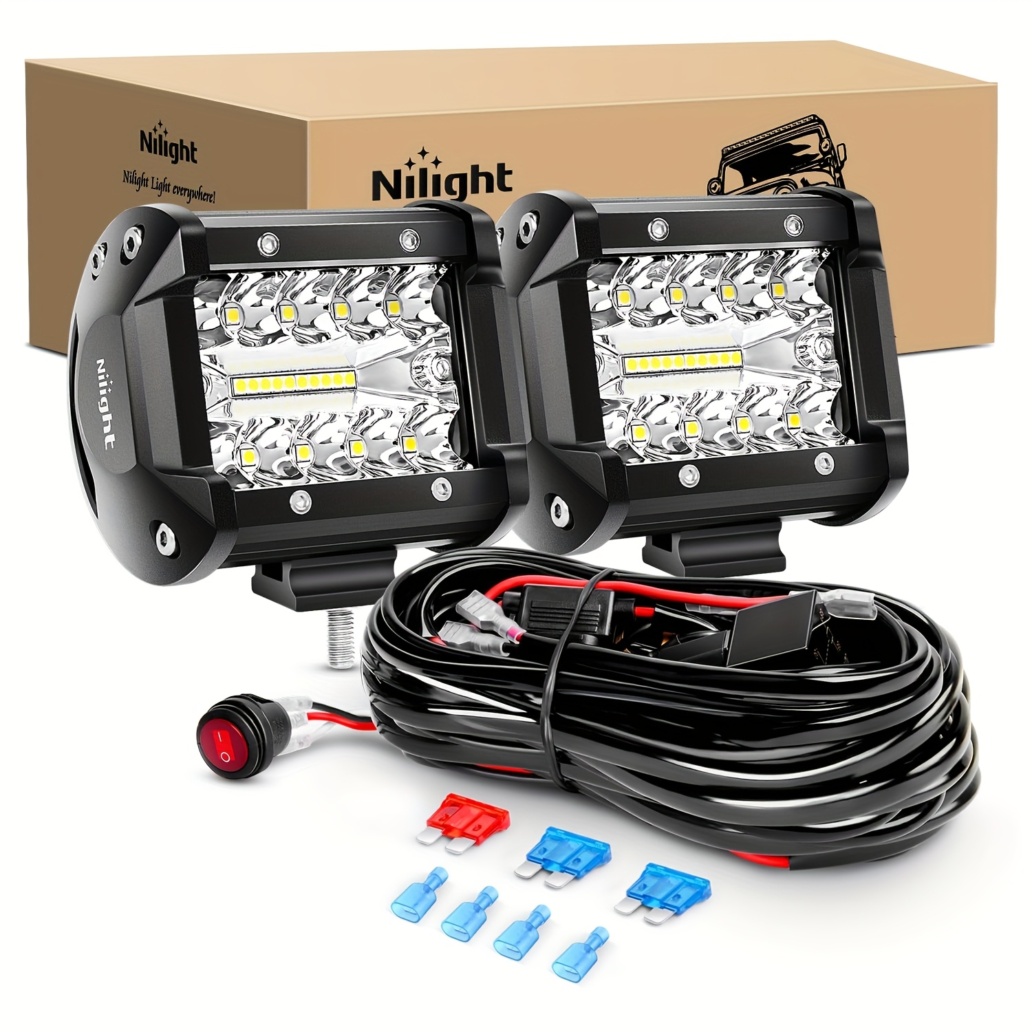 TEMU 2pcs 60w 4 Inch Flood Led Light Bar Combo Pods Triple Row Driving Lamp With 12ft Wiring Harness Kit 2 Leads Nilight, Nilight