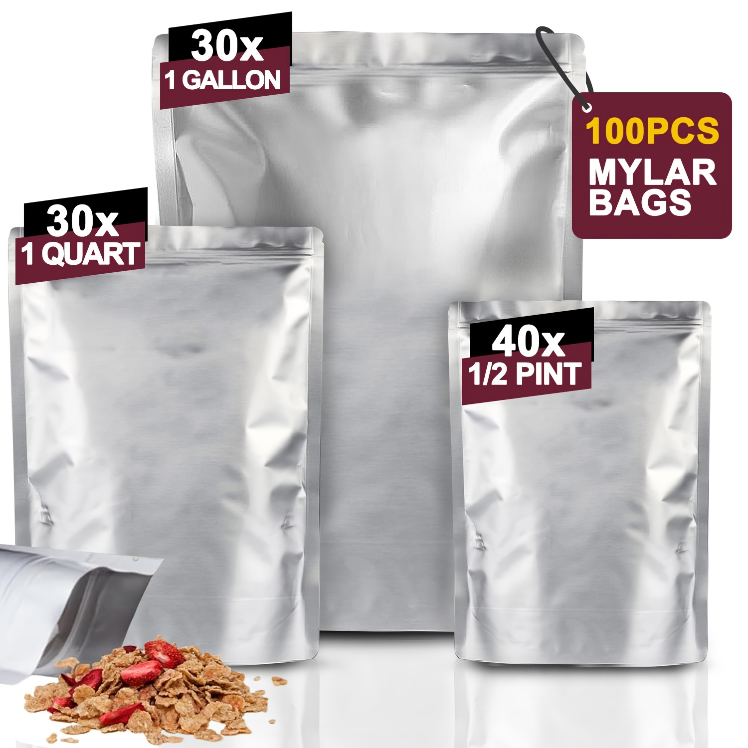 

100pcs Premium Resealable Mylar Bags For Food Storage - 10 Mil , Heat Sealable, Bpa-free Pet Material, Includes 1 Gallon, 1 Quart, & 1/2 Sizes - Long- Food Preservation, Reusable Food Storage Bags