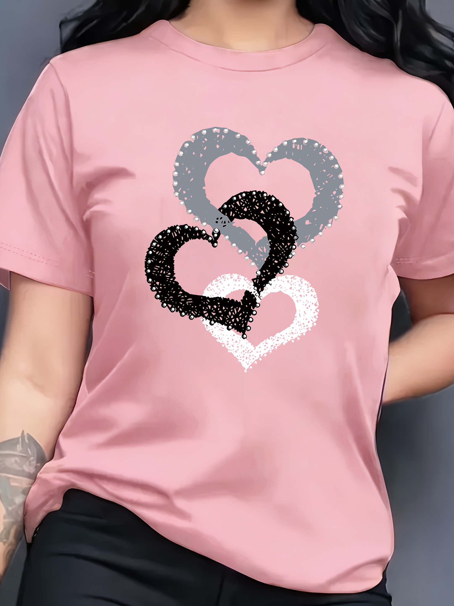 T-shirt Cœurs Femme Col Rond T-shirt pour femme à col rond et manches courtes, décontracté, sportif et tendance, avec imprimé graphique de lettres