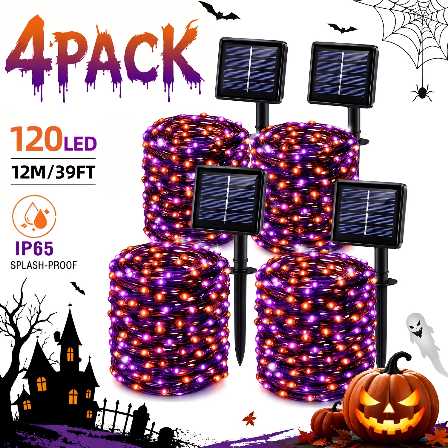 TEMU 4-pack Solar Outdoor String Lights, For Halloween Festival Decor Lights, 12m/39ft, 120led, 12 , Outdoor Blinking Purple & Orange For Halloween