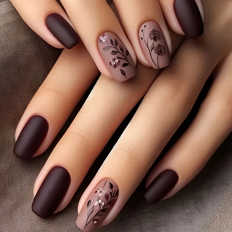Image of 24pcs Short Square Press-on Nails Suitable For - European Style Vintage Botanical Glossy Fake Nails With Detachable Nail Extensions, Gel Glue & File For, Wedding,, Daily Wear - Application & Removal