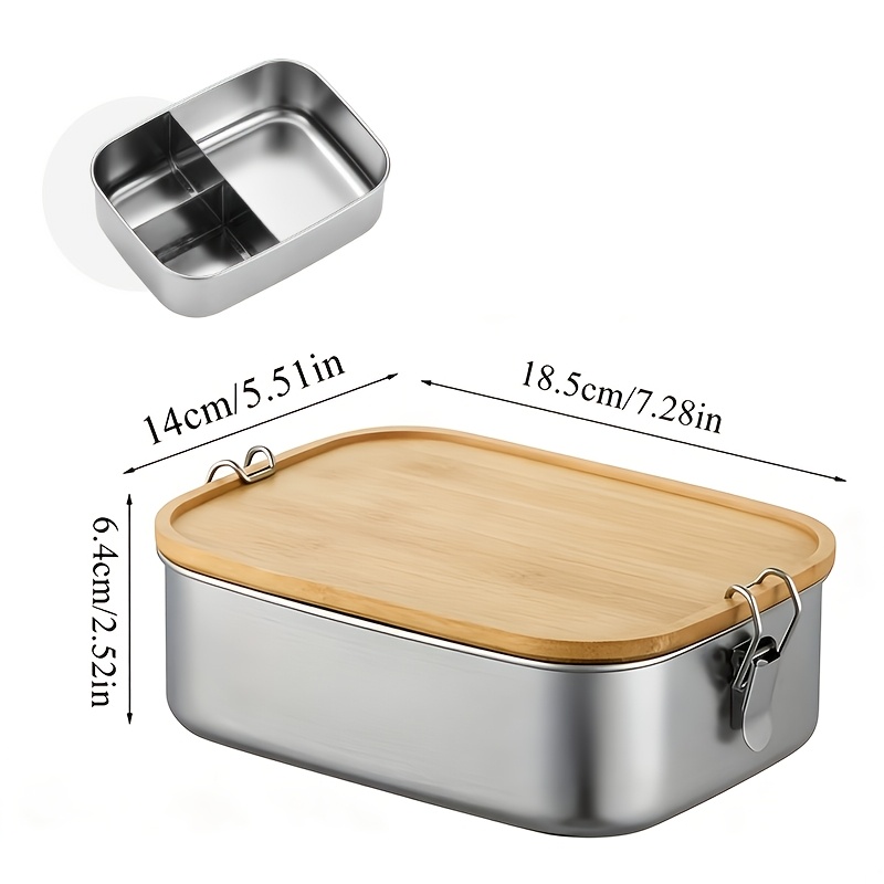 TEMU 1pc Personalized Stainless Steel Lunch Box With Wooden Lid, 3 Compartments Lunch Box, Engraved Name, Animal Theme, Stainless Steel Box, Food