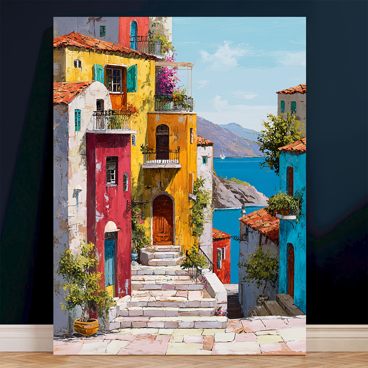 TEMU 2d Flat, Large 12x16 Inch Mediterranean Village Canvas Wall Art - Greek Island & Spanish Painting Suitable For Mediterranean-themed Rooms, Greek