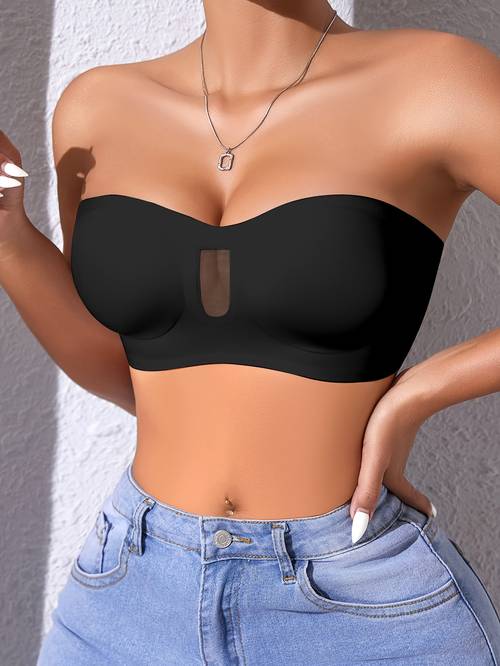 Seamless Strapless Bandeau Bra for Women - Push-Up, Anti-Slip, Breathable Mesh Detail, Removable Pads, Comfort Fit Lingerie in White