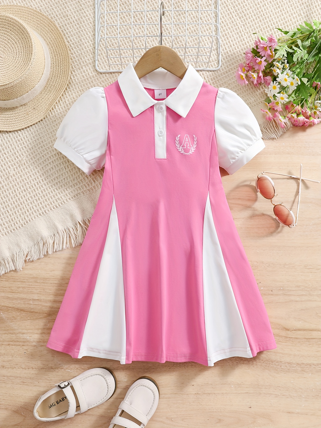 Girls' Summer School Uniform Dress Pink White Letter Print Collar Short  Sleeve Flared Hem Casual Sporty Preppy Style with White Sneakers, Straw Ha