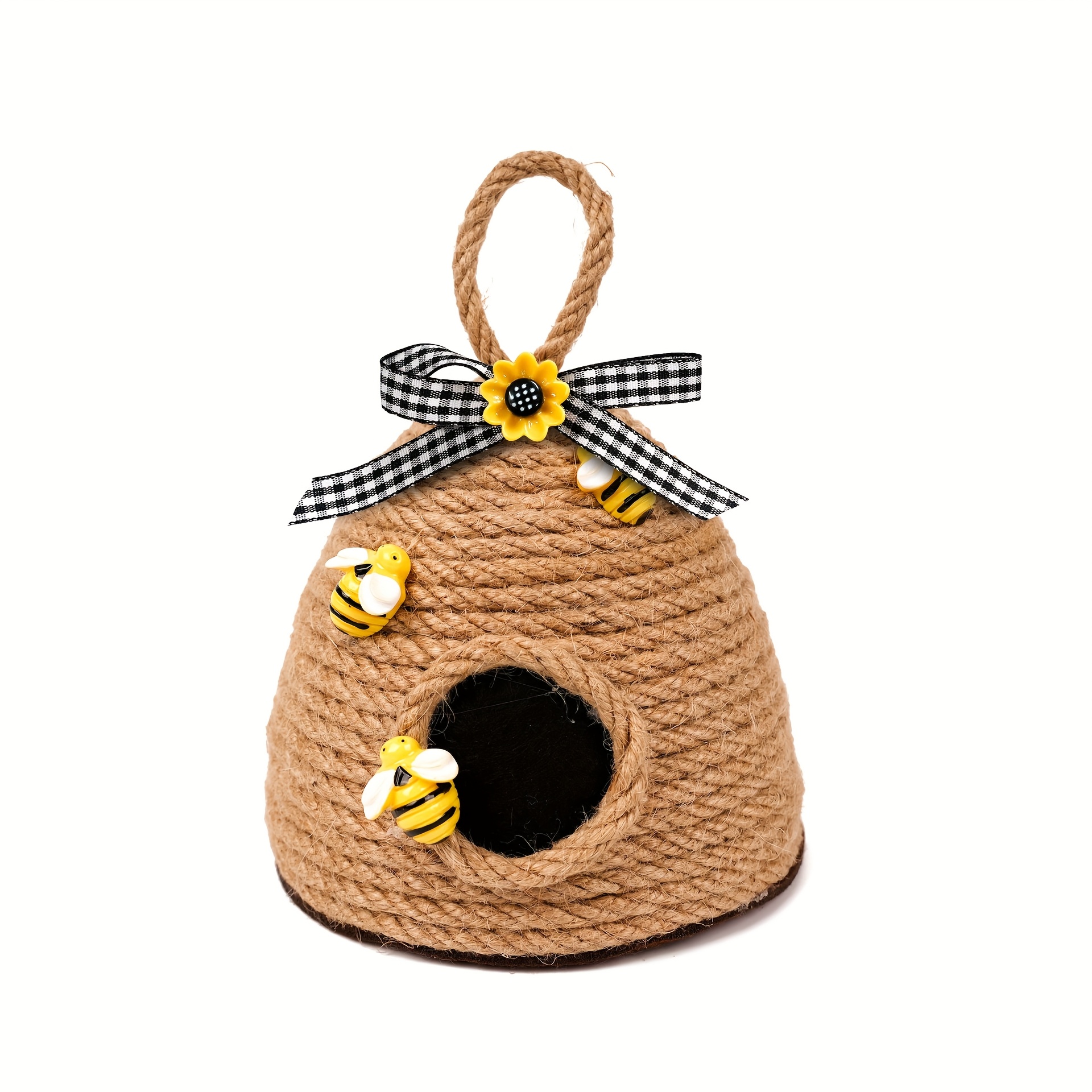 Image of Vintage Bee Hemp Rope Honeycomb Ornament – Rustic Decor With Sunflower & Bee Accents, Easter Or Nature-, Festive Decor Piece | Rustic Charm Decor | Fabric Texture, Bee Decor