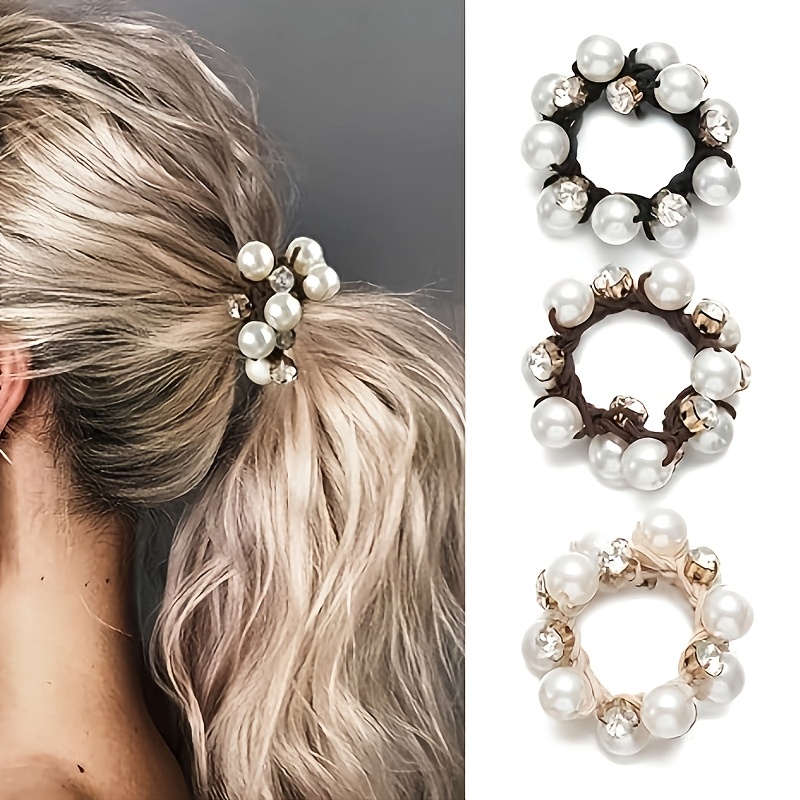 TEMU 3pcs Elegant Pearl Rhinestone Head Rope Hair Tie Ponytail Hair Accessory Easy Hair Tie Hair Accessory Women's Hair Accessory