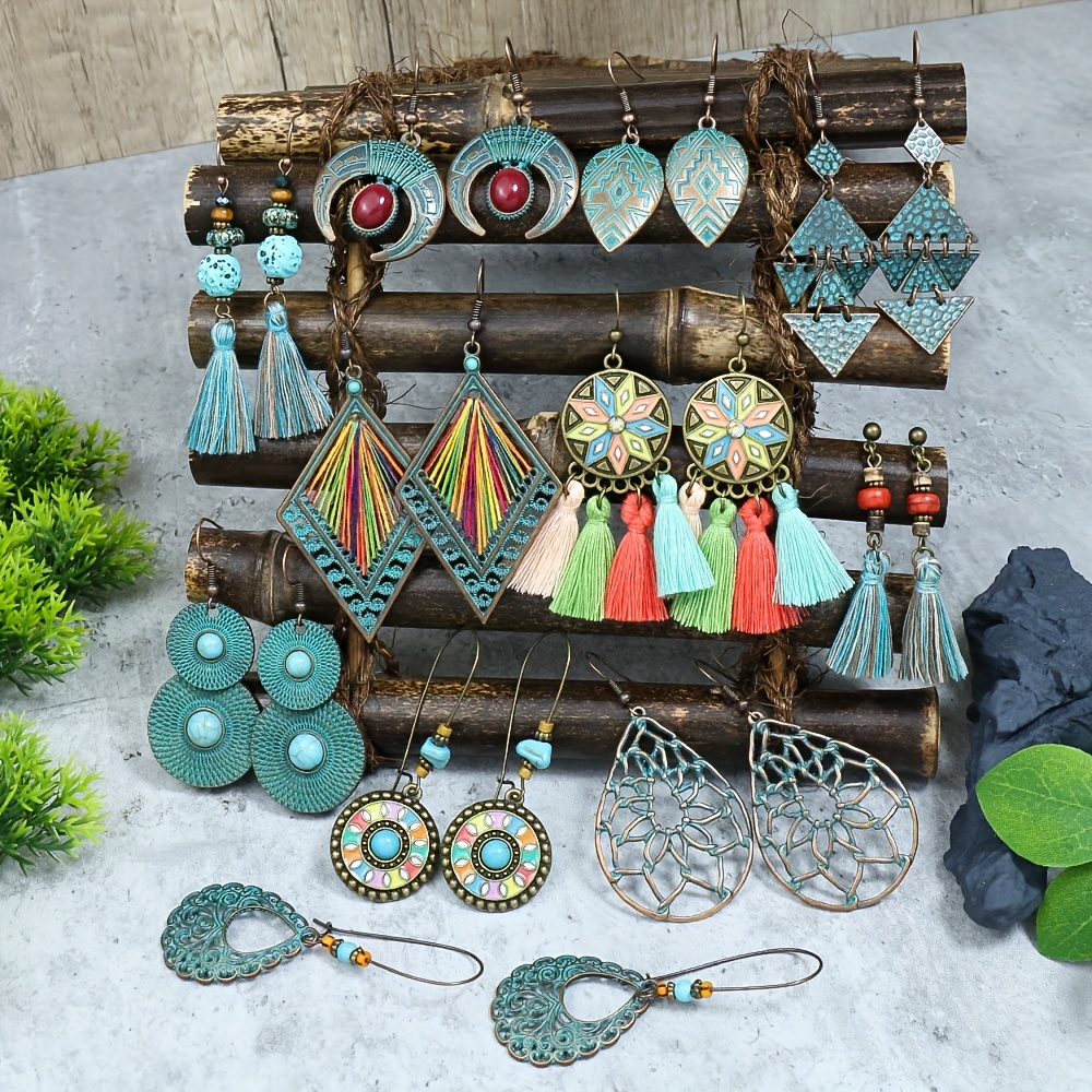 

11 Pairs Ethnic Style Bohemian Hollow Geometric Tassel Earrings Set, Fashion Exquisite Cutout Multiple Shapes Cyan Series Earrings For Her, Perfect For Holiday Party Daily Wear