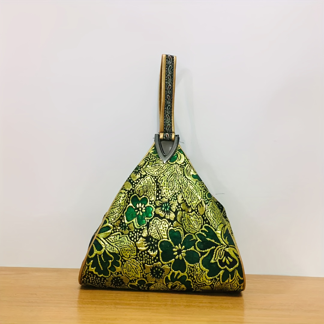 TEMU Vintage Floral Women Handbag Ethnic Style Purse With Golden Accents Green Burgundy Polyester Zipper Closure Elegant And Functional For Casual