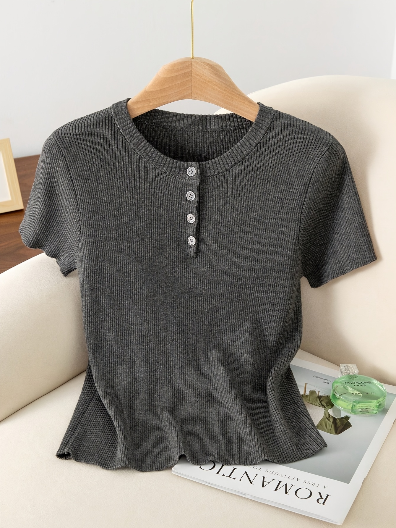 Spring Summer Women'S Short Sleeve T Shirt, Slim Fit, 4-Button Closure, Casual Cozy Breathable Rib Top