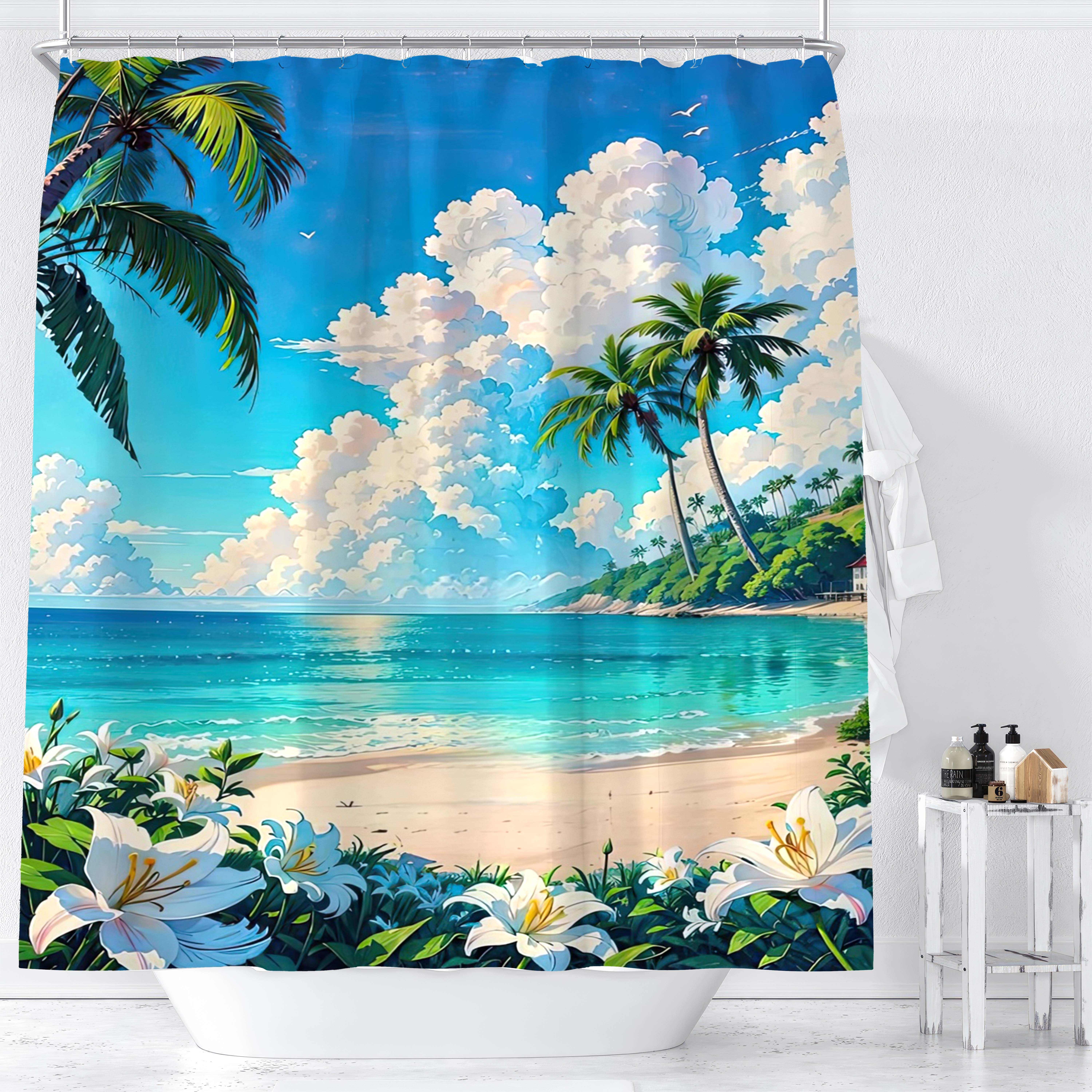 

1pc, Tropical Beach Shower Curtain, Blue Sky And Palm Tree Design, Digital Print Ocean View With Floral Greenery, Waterproof Bathroom Decor