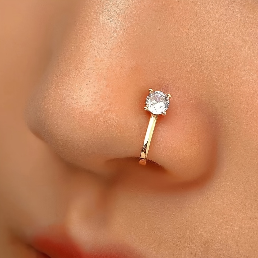 

Vintage-inspired Faux-piercing Nose Ring With Solitaire Cubic Zirconia - Zinc Alloy, No Plating, Clip-on Design For Everyday Wear