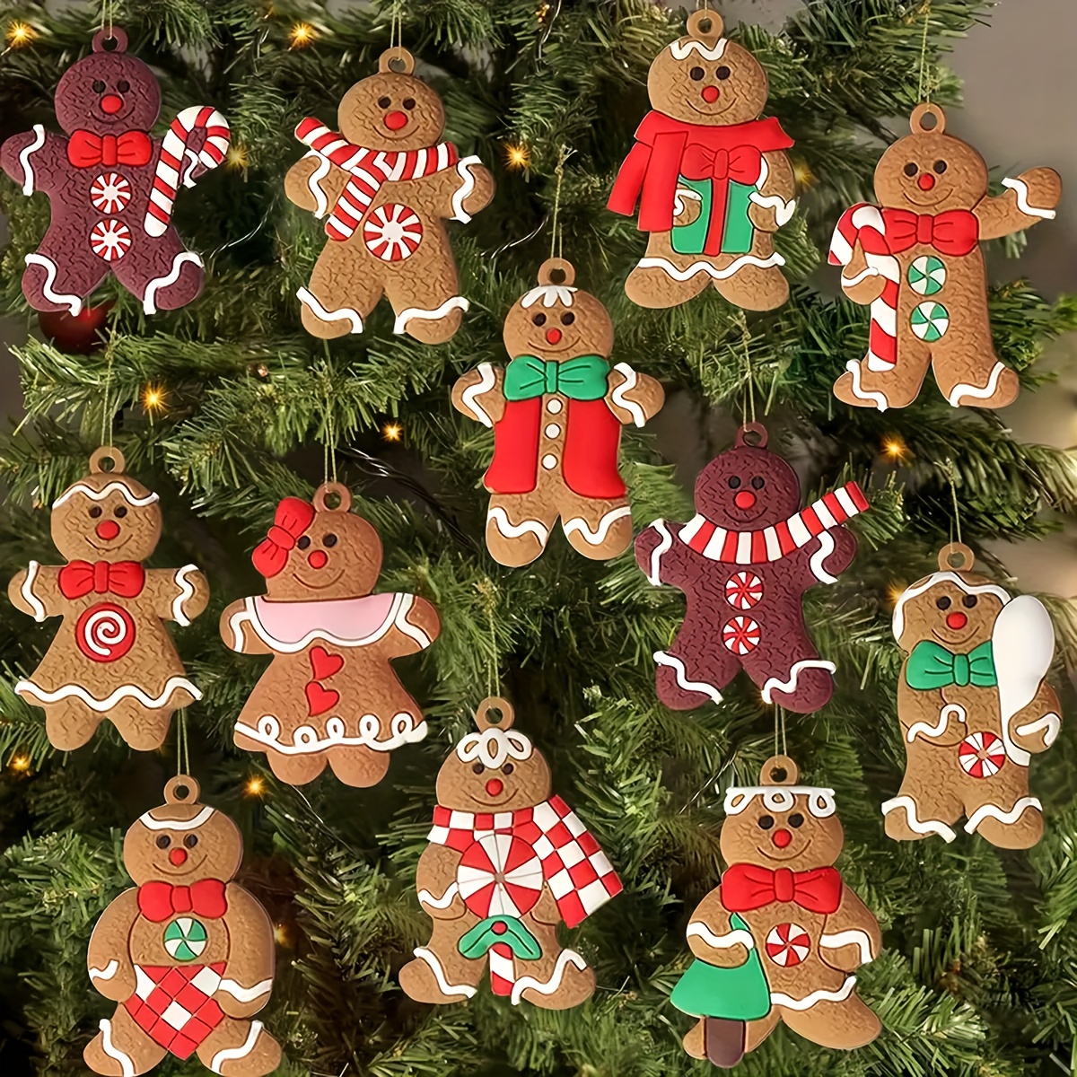 TEMU 12pcs Wooden Gingerbread Theme Christmas Tree Ornaments, Holiday Christmas Small Sculpture Pendant Set, Gingerbread Doll Decorations, New Year