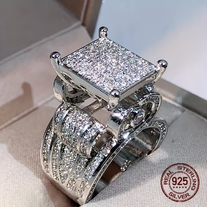 Exaggerated 925 Sterling Silver Ring Full White Synthetic Zirconia Engagement Jewelry for Women Valentine's Day Gift