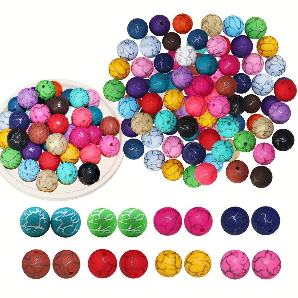 

50pcs Strip Printed Round Silicone Beads, 15mm Loose Silicone Beads For Making Keychain Creative Pens Decoration Necklace And Bracelets