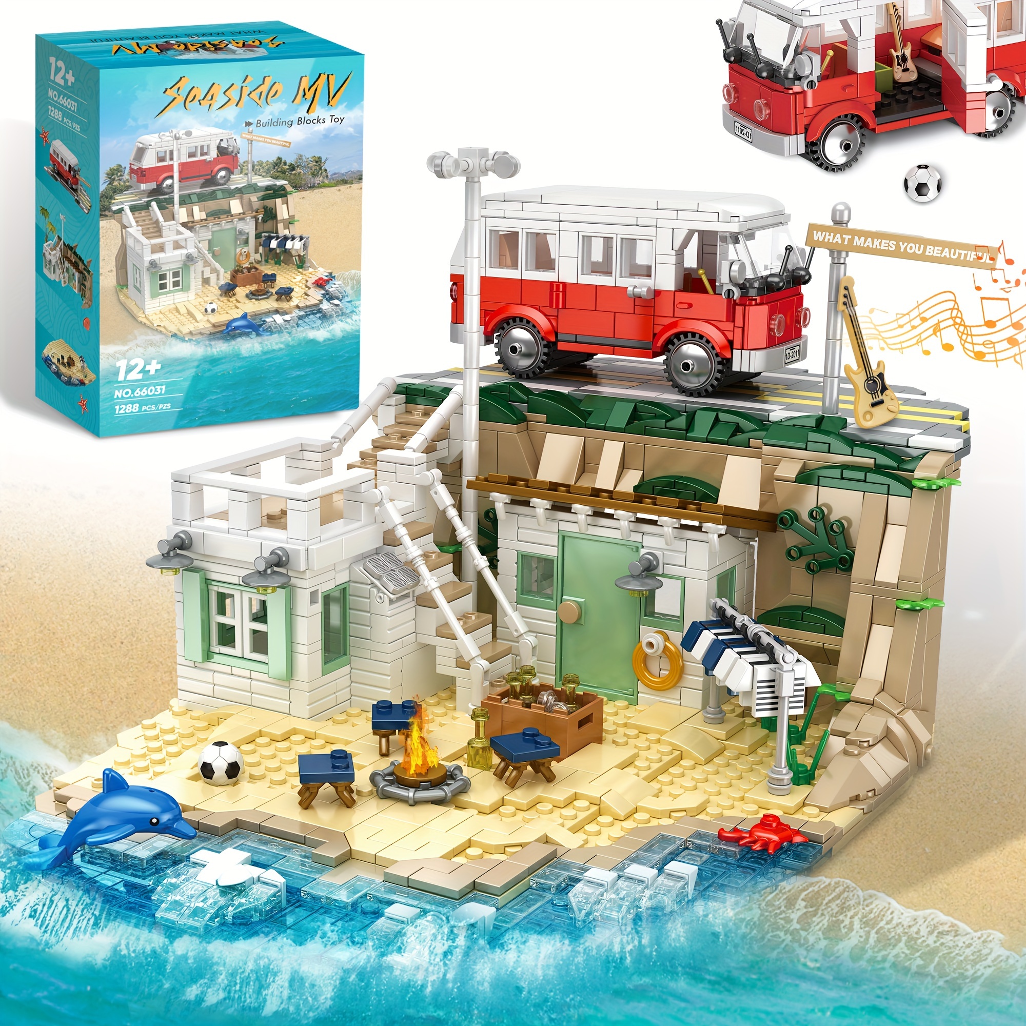 

Friends Beach House, Camping House Building Blocks With Camper Van, 5 , The Central Setting Of The Mv For The Hit Single, 1288 Pcs.