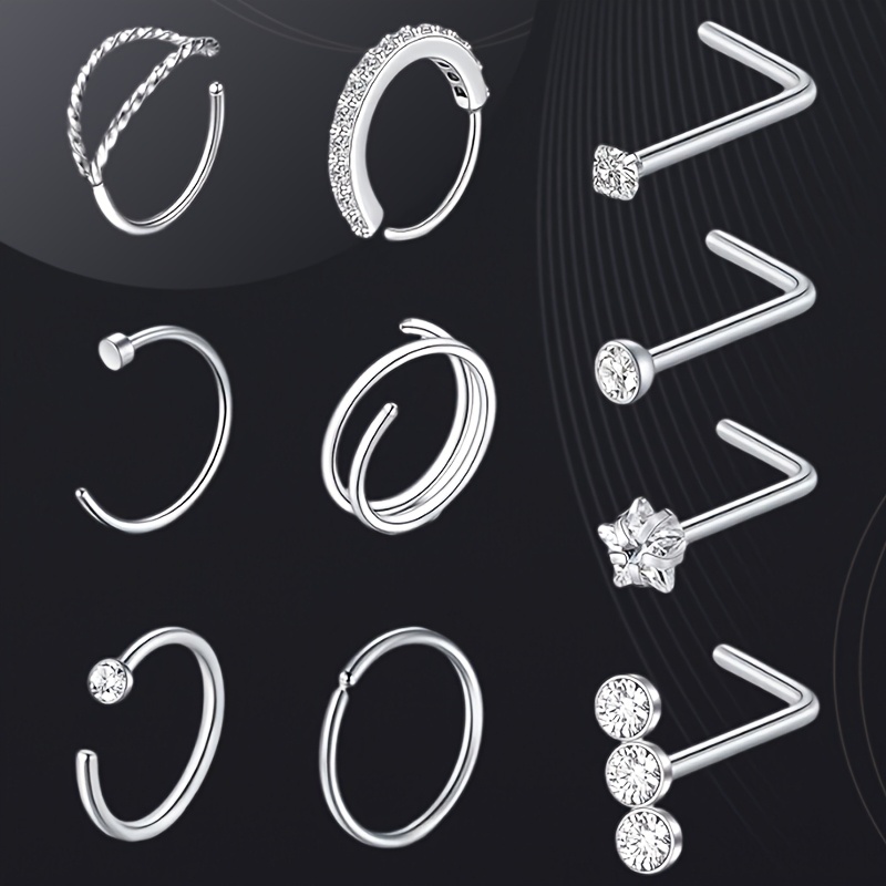 Image of A Set Of 10 Stainless Steel Nose Rings And Studs, Featuring -gauge For Nose Piercings, With A Of Styles For Women's Jewelry