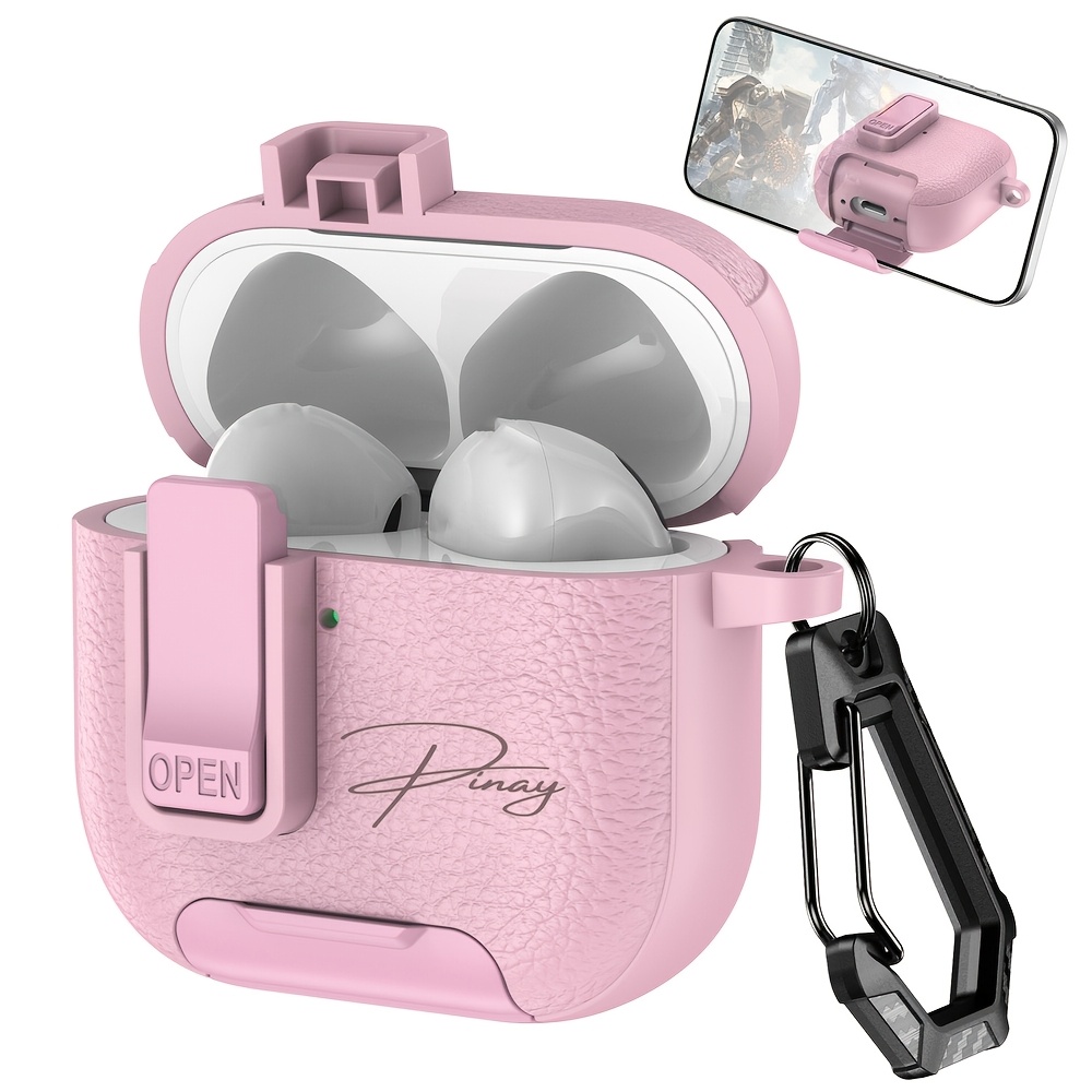 TEMU Tailored Engraved Name Letters With Lychee Design Lock Buckle Holder Faux Leather Earphone Case For Airpods 1/2 3 4 Pro 2 Protective Cover