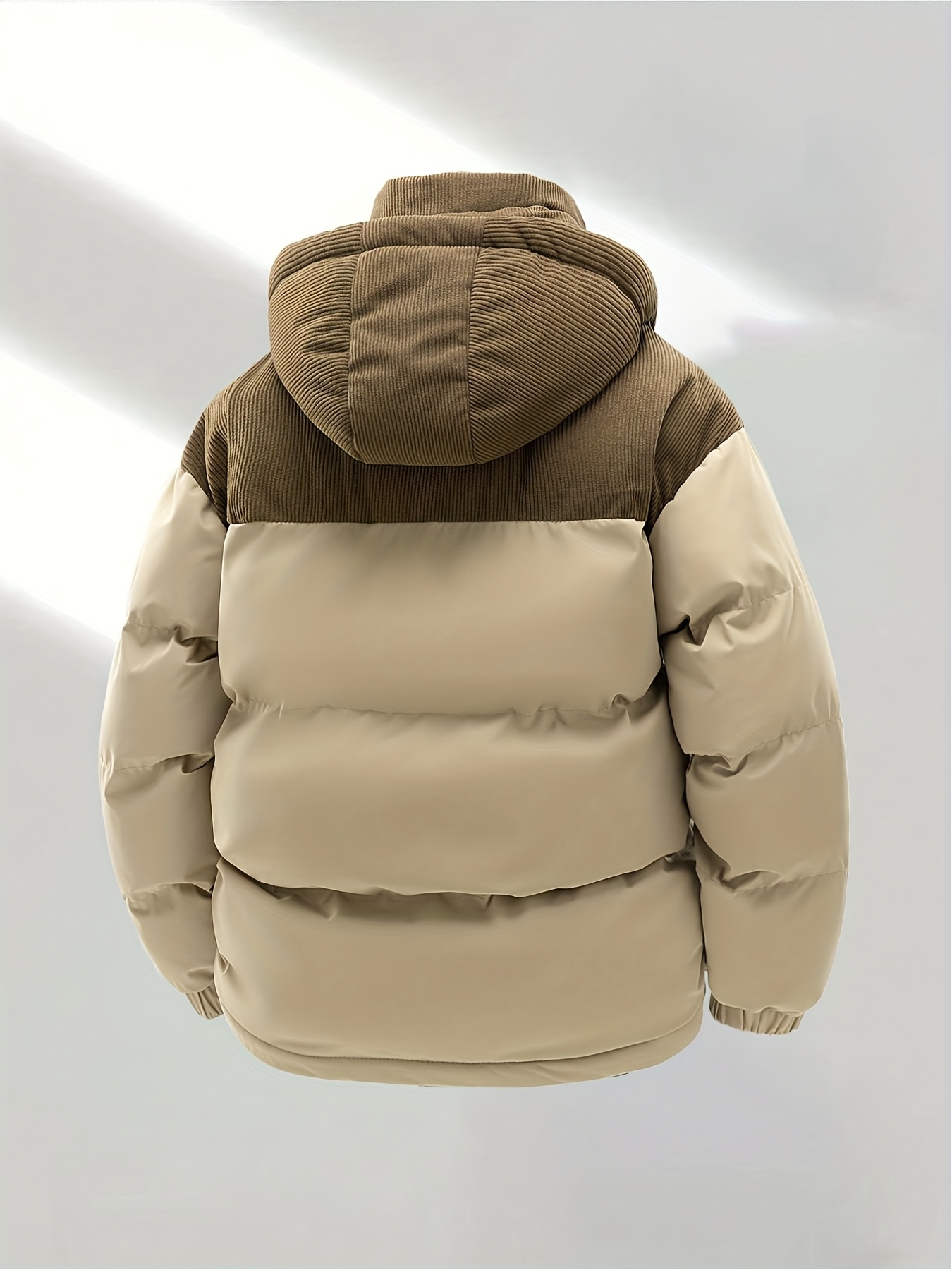 Heren Winterjas - & Bruine Kleurblok Jas met Capuchon en Volledige Ritssluiting