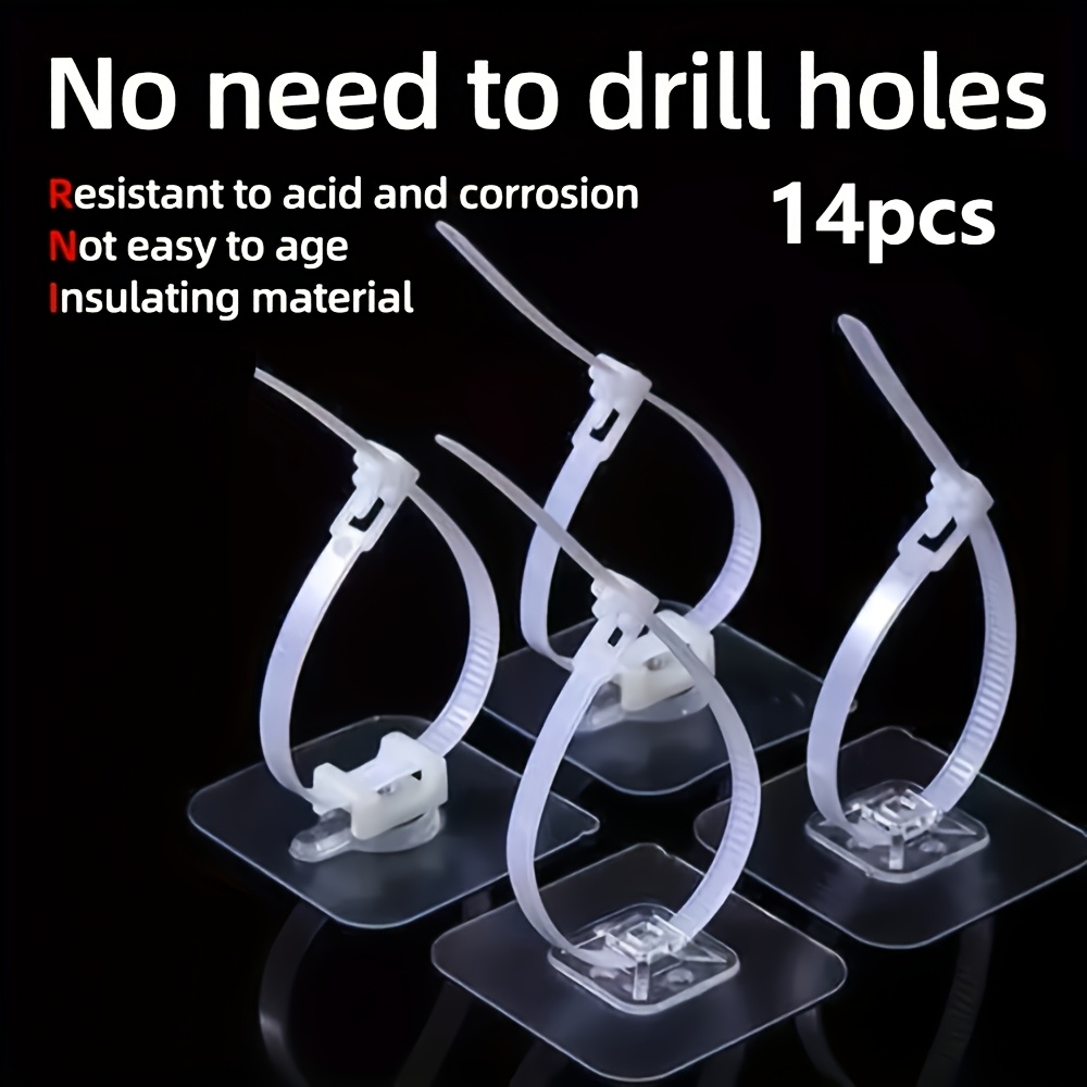 TEMU 5/9/14/20-pack No Drill Adhesive Hooks - Transparent Adjustable Plastic Cable Management Straps For Wires, Kitchen Organization - , No Tools