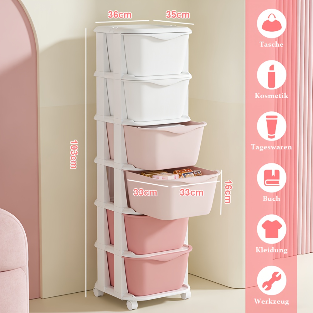 E-shop 6-Etagen Schwerlast-Kunststoff-Schrank mit 5 Schubladen Rollregalen - Rosa Freistehender Mobiler Schrank für Schlafzimmer, Eingangsbereiche &