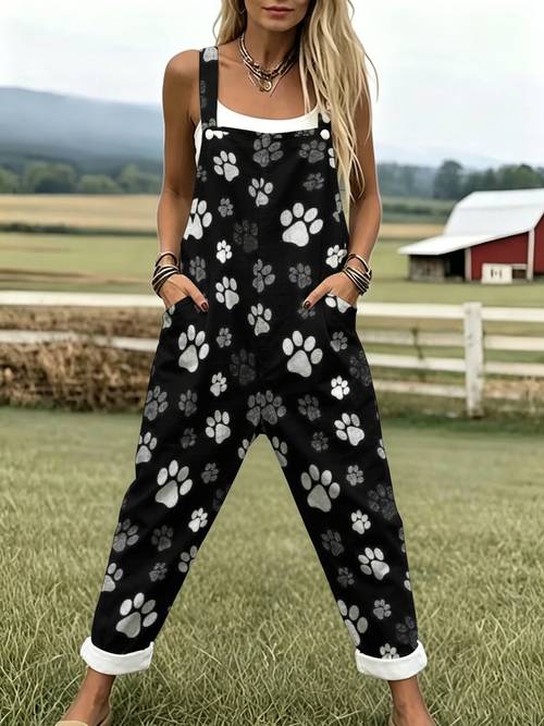 womens leisure overallspaw graphics paw motiffashion sleeveless buttons design with pockets suitable vacation and daily wearing loose fit