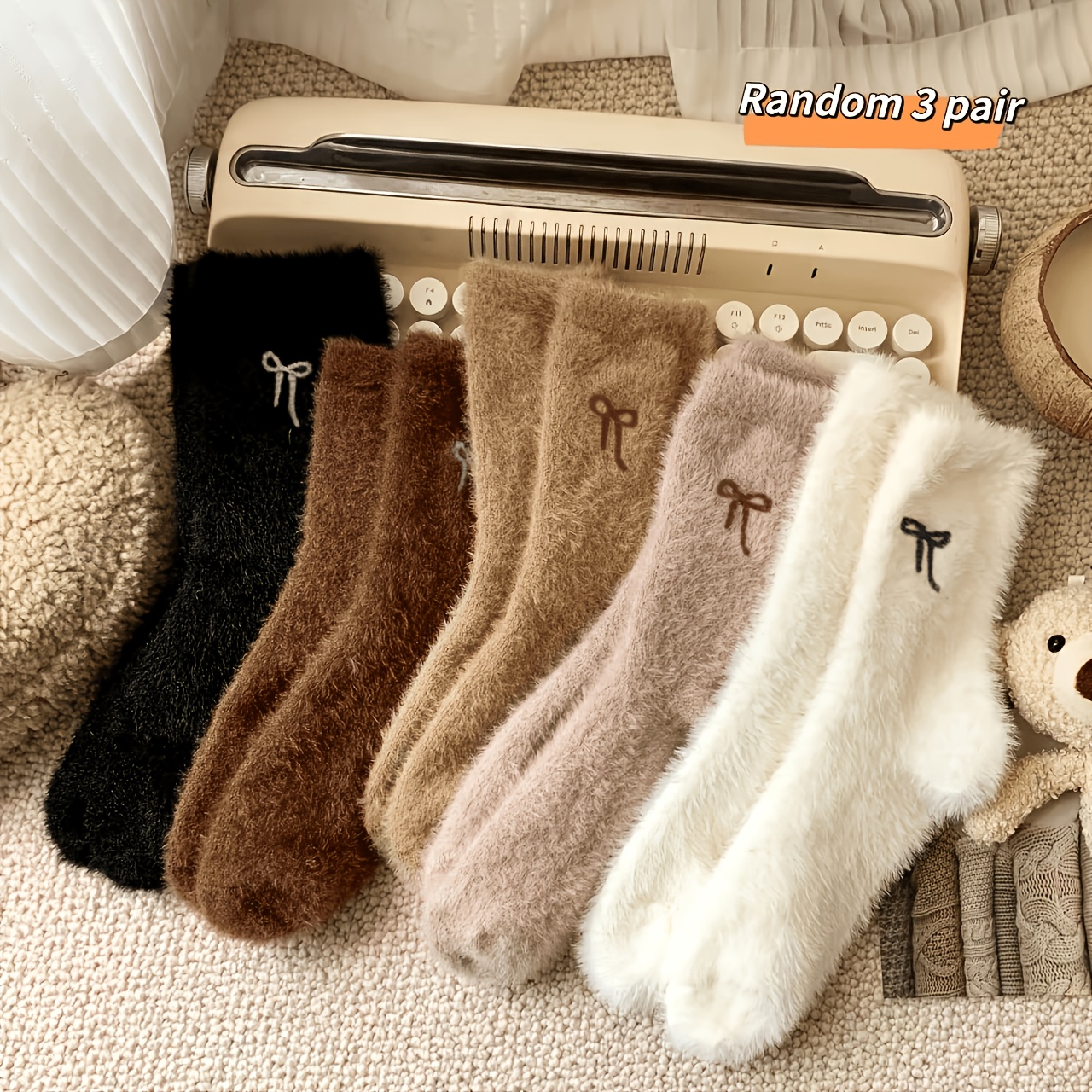 TEMU Random 3 Pairs Of Women's Autumn And Winter Plush Socks Bow Accessories Vintage Collection Winter Thickened Thermal Sleeping Socks Floor Socks