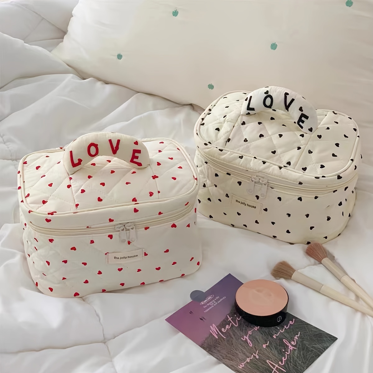 

1pc Cotton Heart Print Makeup Bag, Lovely Cosmetic Travel Pouch, Stylish Toiletry Organizer, Portable Beauty Bag For Women