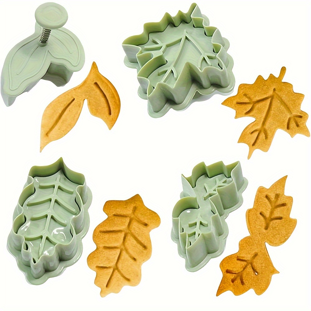 

Leaf And Maple Leaf Shape Plunger , Thanksgiving 3d Biscuit Stamp Press Set, Non-toxic Plastic Spring For Baking, Cake Decoration Mold Kit - Design