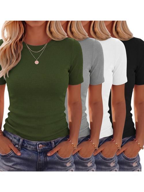 4pcs set womens round neck rib fit basic top comfortable stylish and casual short sleeve pullover
