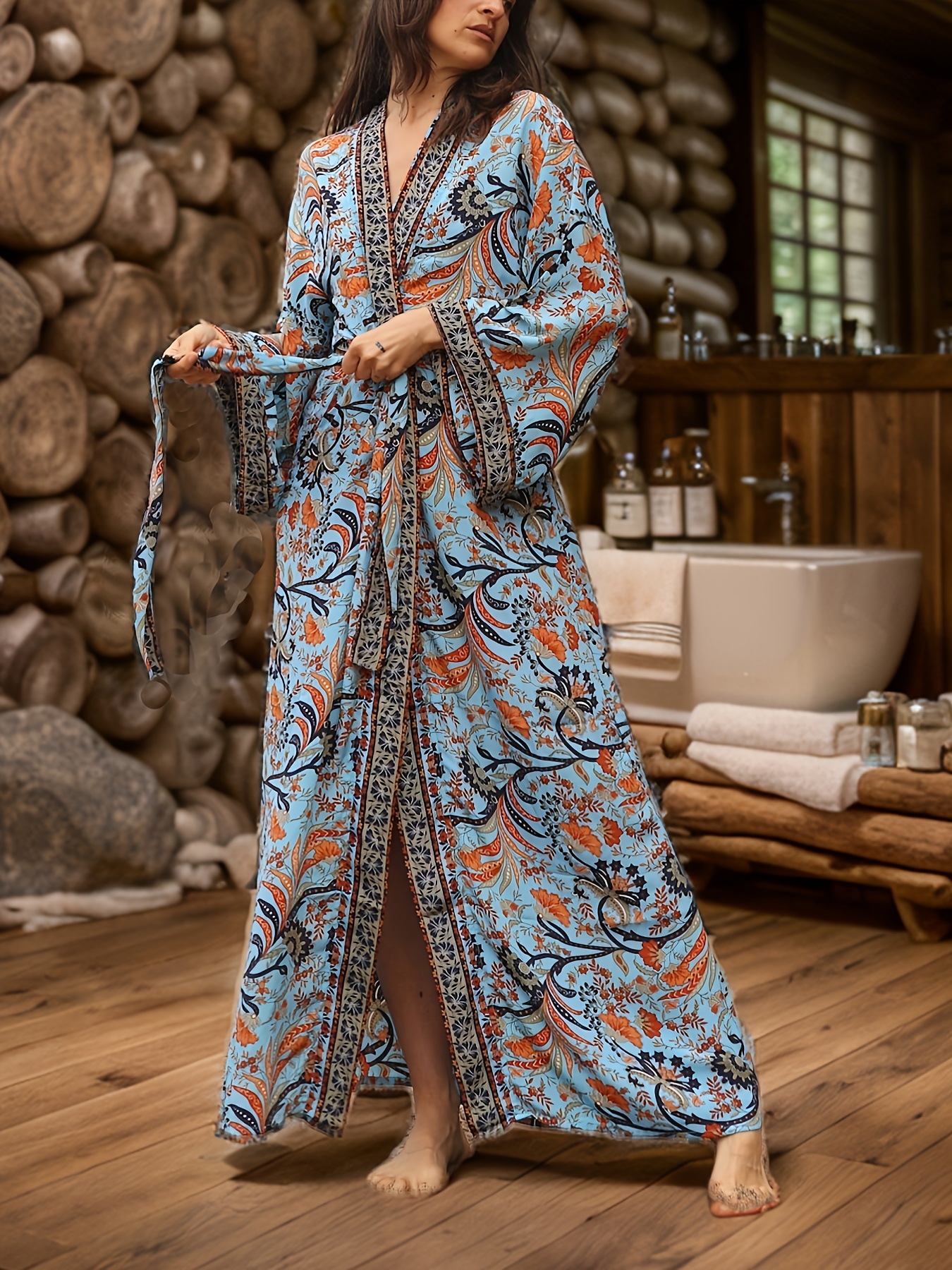 womens bohemian style casual vacation long sleeve printed robe in plus size