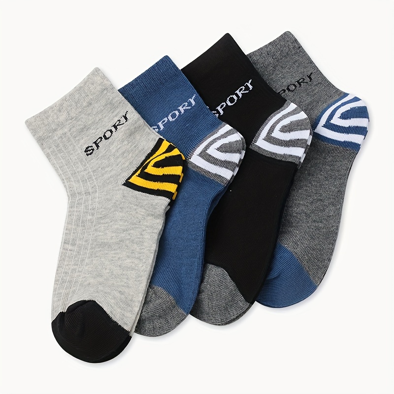 Image of 4 Pairs Of Boys' Mid-length Socks With Striped Contrasting Colors, Fashionable Boys' Socks, Casual And Versatile Boys' Mid-length Socks
