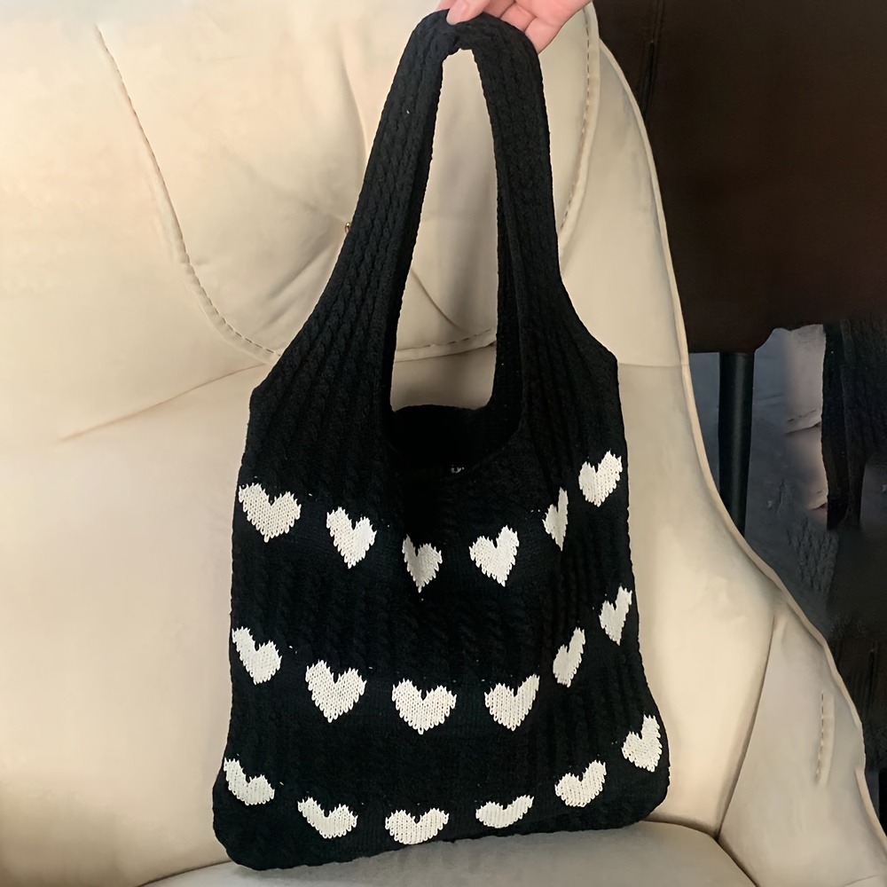 

Cute Love Pattern Crochet Bag, Sweet Knitted Shoulder Bag, Y2k Woven Tote Bag For School Travel Shopping