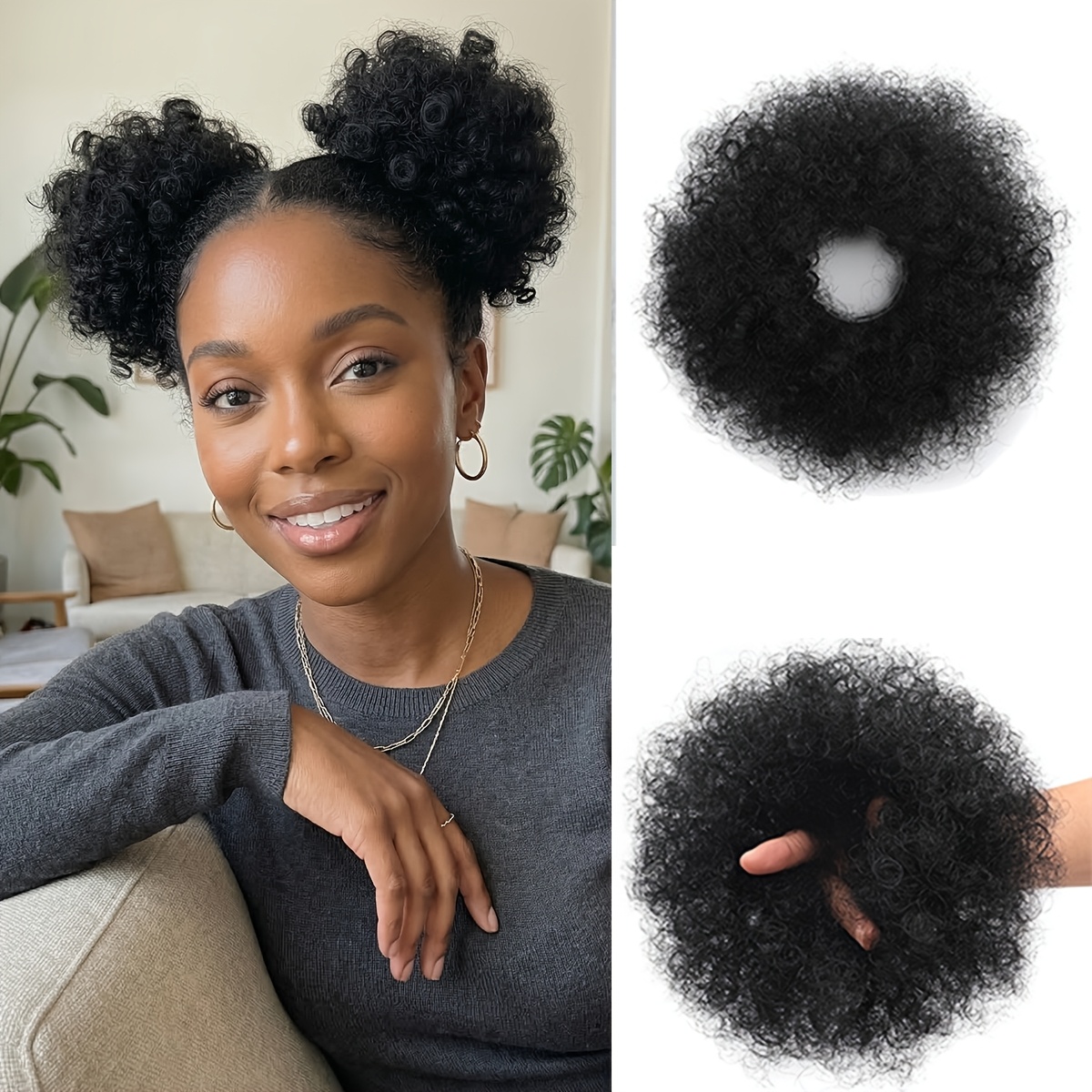 Image of 2pcs African For Caterpillar Wig, Hair Bun, Hair Bun Afro Puff Hair Bun