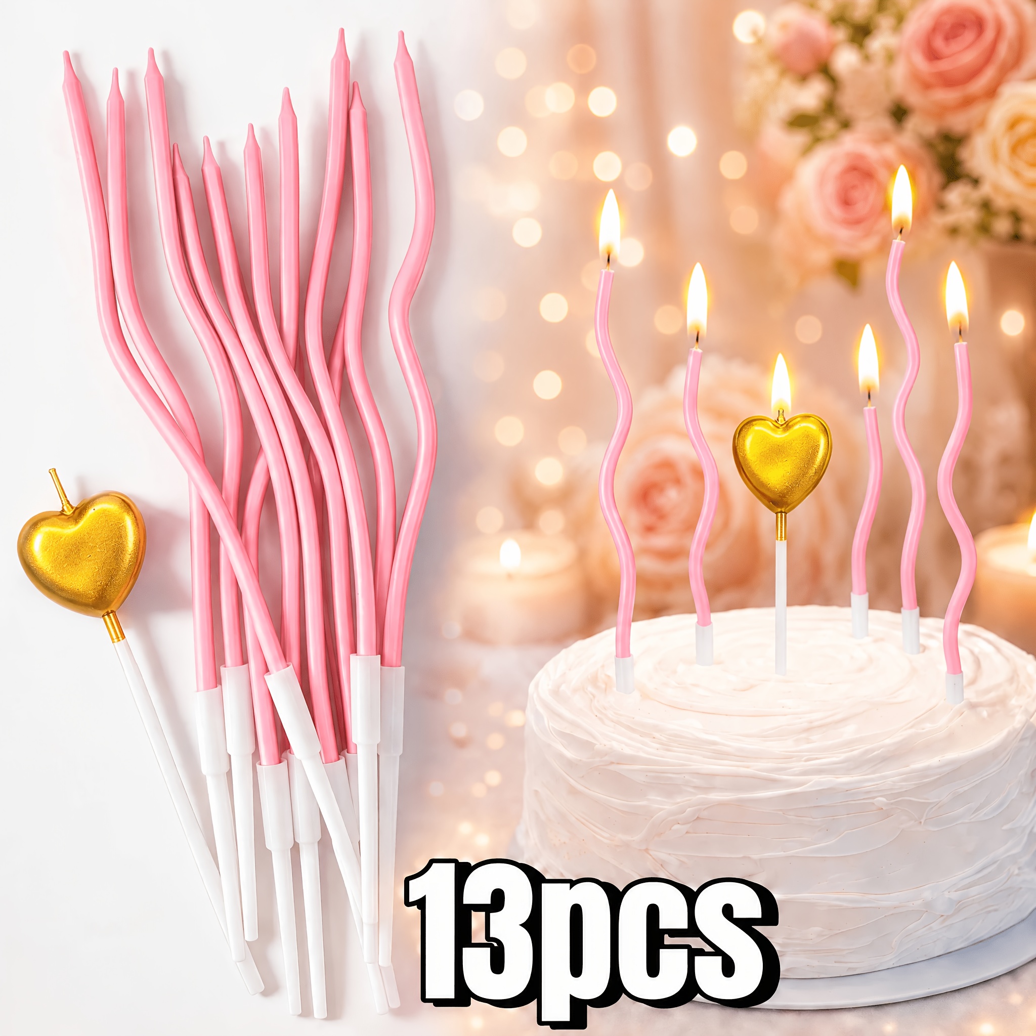 TEMU 13pcs Set Of Pink Wavy Birthday Candles, With 1 -shaped Candle, Featuring White Sticks For Attachment. Soft, Curved Design A Warm Ambiance, With