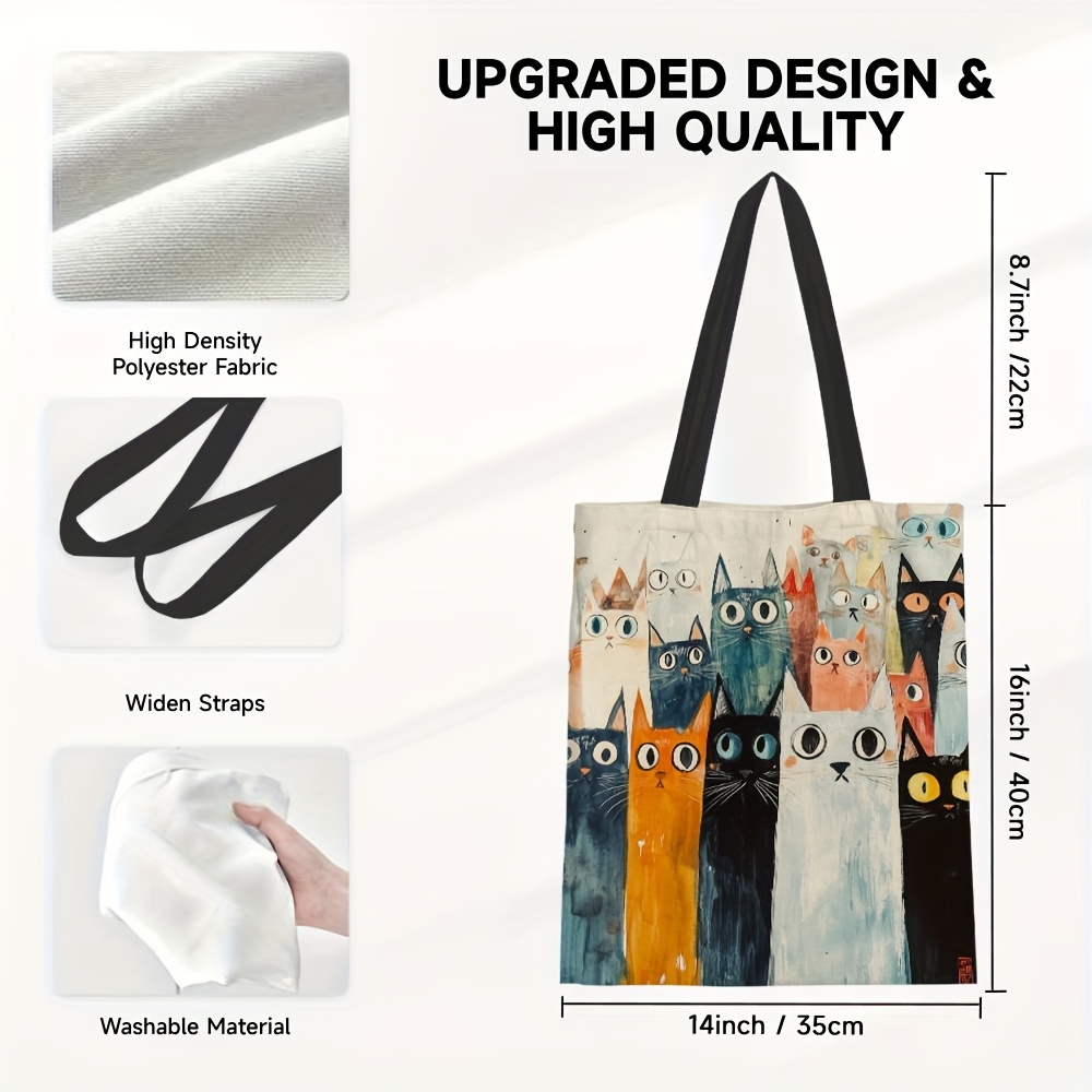 TEMU 1pc Cute Cat Print Tote Bag - Large Capacity Canvas Shoulder Bag For Women, Stylish & Versatile For Shopping, Beach, Or Everyday Use, Polyester