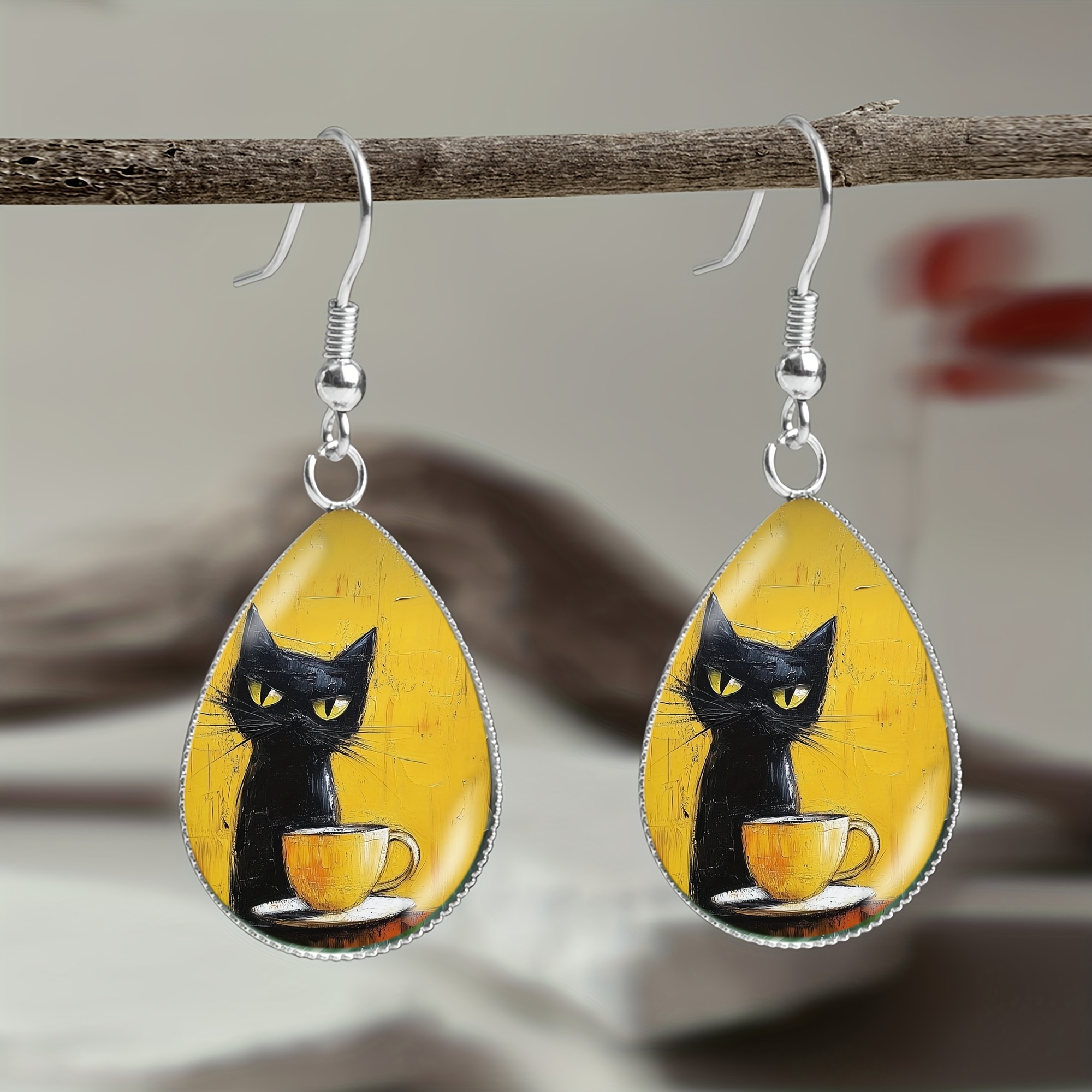 E-shop 1 Paar Schwarze Katze vor einem Becher Muster 316 Edelstahl Ohrringe, Cartoon Niedlicher Stil Herren- und Damen Alltags Party Schmuck Ohrringe