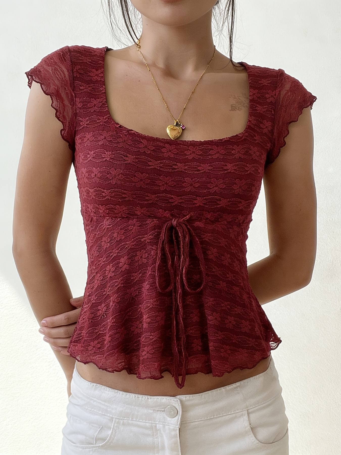embroidered floral lace t shirt pure   strappy waist cinching square neck top y2k