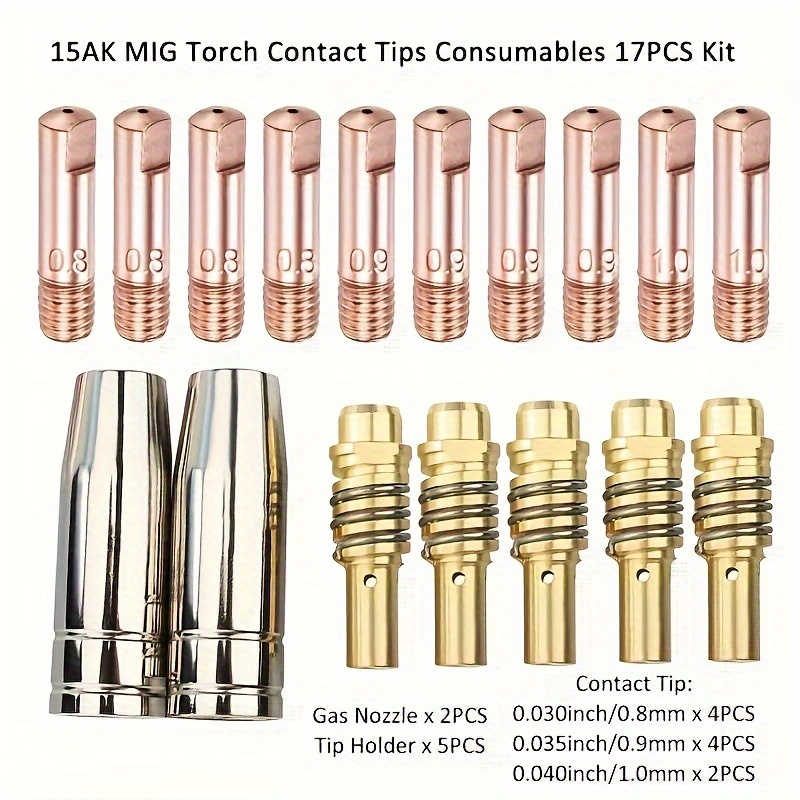 

15ak/mb15 Mig Welding Torch 17pcs Accessory Kit, Copper Contact Tips 0.030" 0.8mm, Tip Holders, Diffusers, Shield Cups, Without Battery - Universal Fit For Mig Welders