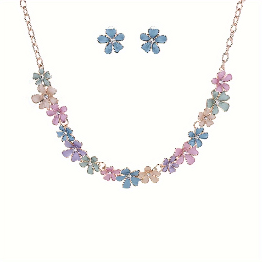 TEMU 1 Set Of 2 Earrings + Necklace Women's Jewelry Set Set With Rhinestone Alloy Artificial Enamel Flowers Drop Oil Bohemia Sweet Daily Holiday Valentine's Day Gift In A Of Colors