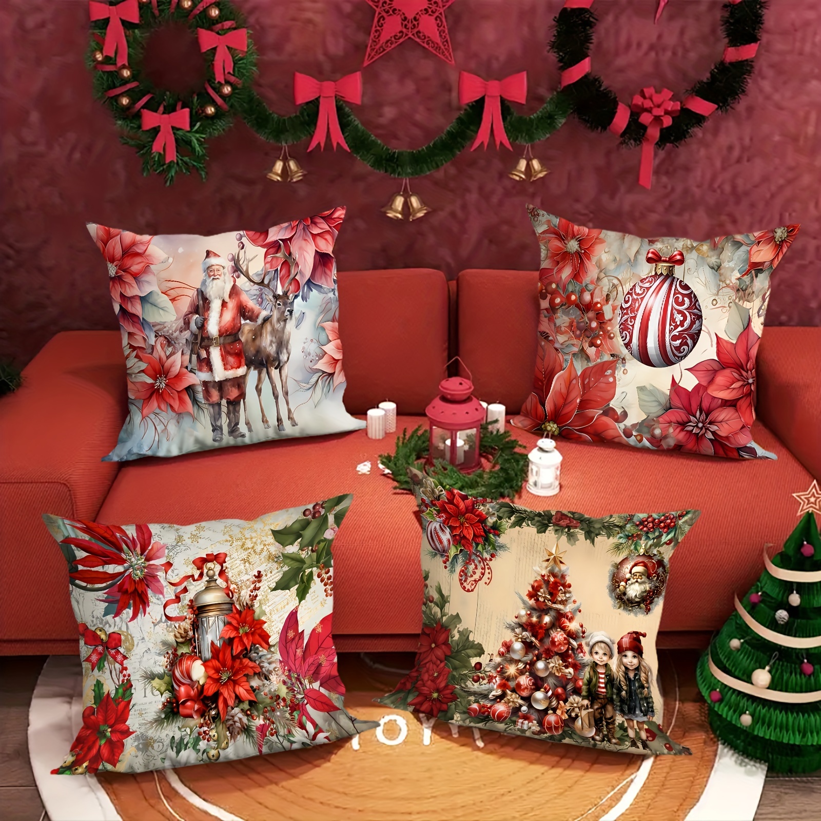 

4- , 18x18 , Red And Christmas , Decorative Zippered For Sofa And , Polyester - Inserts Not Included