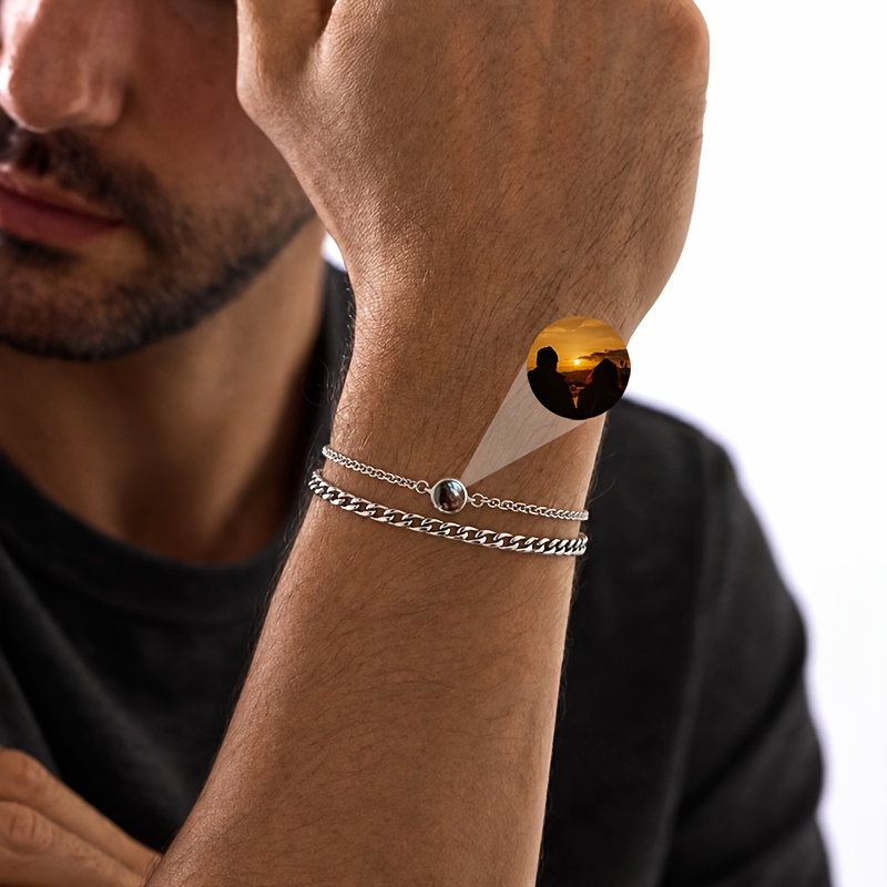 TEMU Custom Photo Double Layer Bracelet 304 304 304 304 Stainless Steel Material Unisex Personalized Projection Pendant Stackable Couple Keepsake