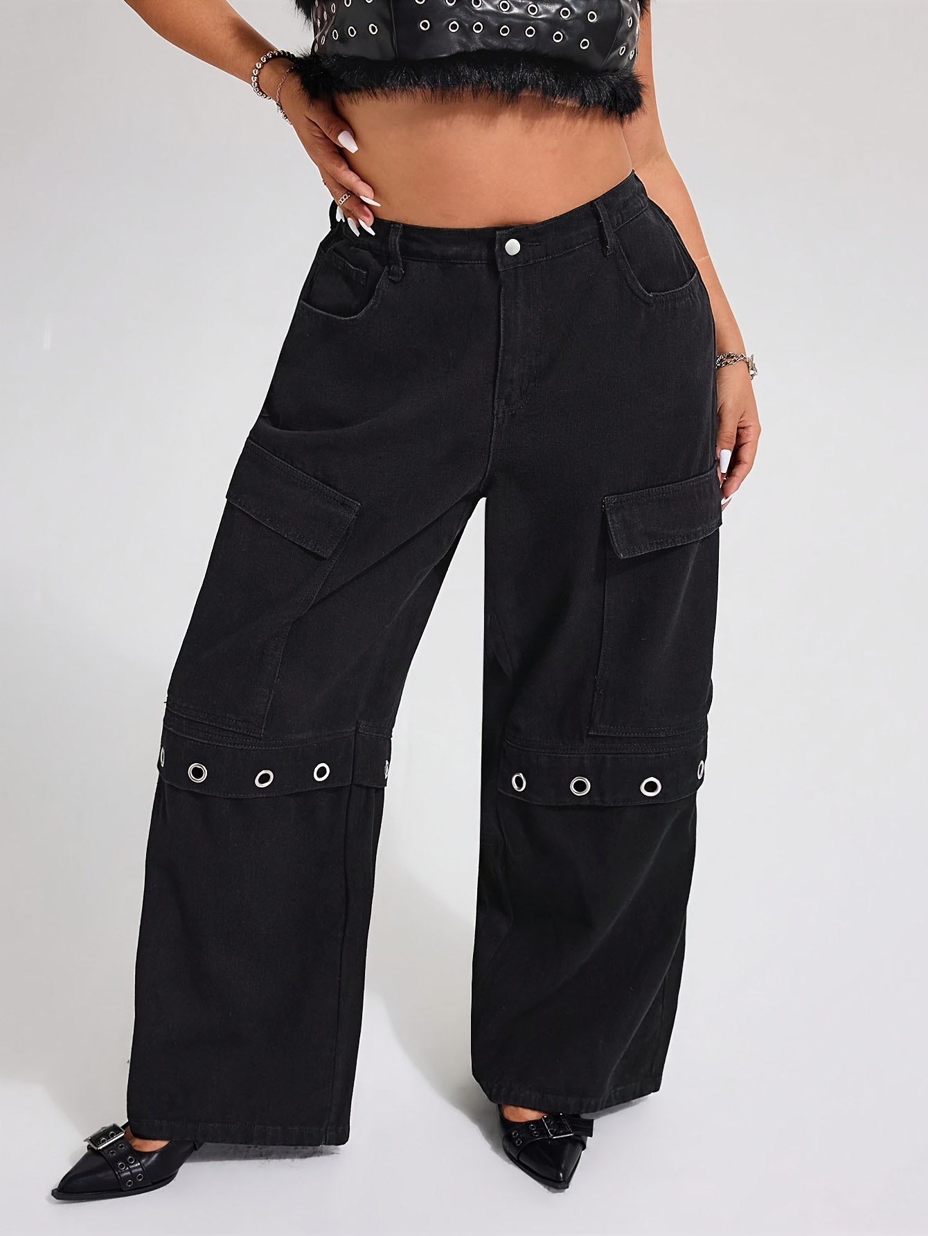Women s Plus Size Oversized Workwear Jeans - Wide-Leg Relaxed Fit Heavy-Duty Denim Pants with Multiple Button & Zipper Closure, Beltless Design,   Casual & Semi-Formal Wear (Machine Washable)