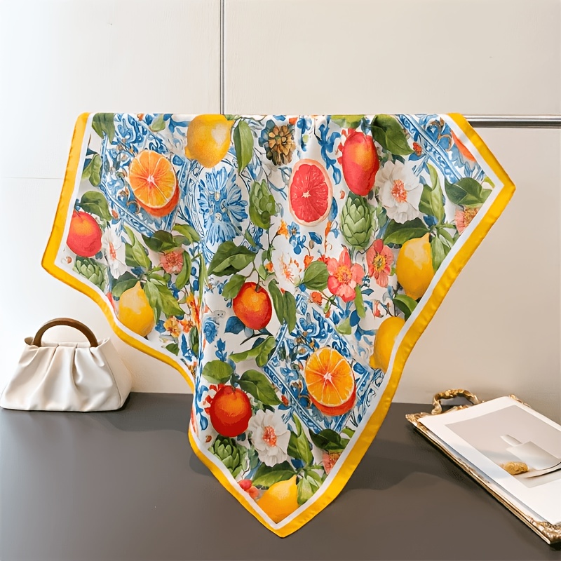TEMU 100% Suitable For Summer Beach Parties & Travel - Lightweight Breathable Square & Neck Scarf With Lemon Orange Citrus Print, Elegant Non-elastic